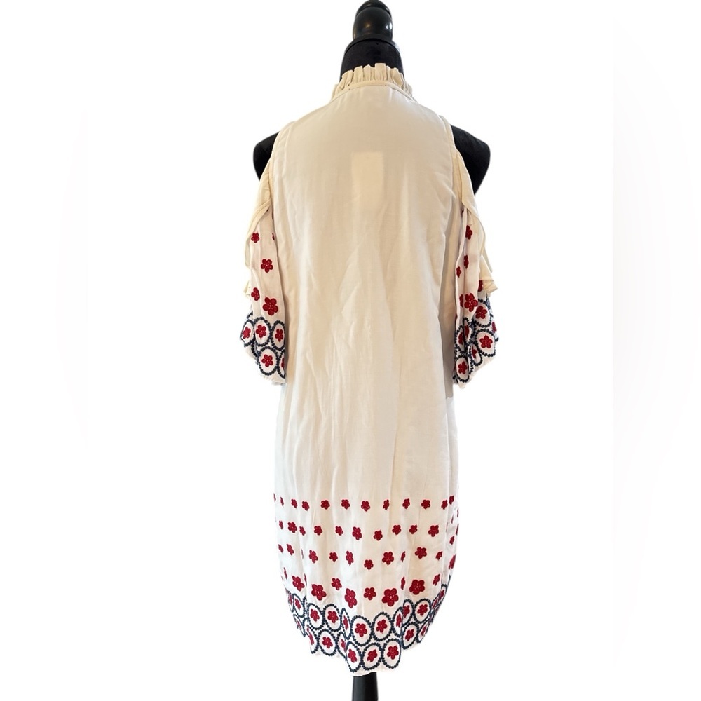 Saks Fifth Avenue Cream Embroidered Cold Shoulder Dress Boho Peasant Tunic Sz M - Picture 4 of 11